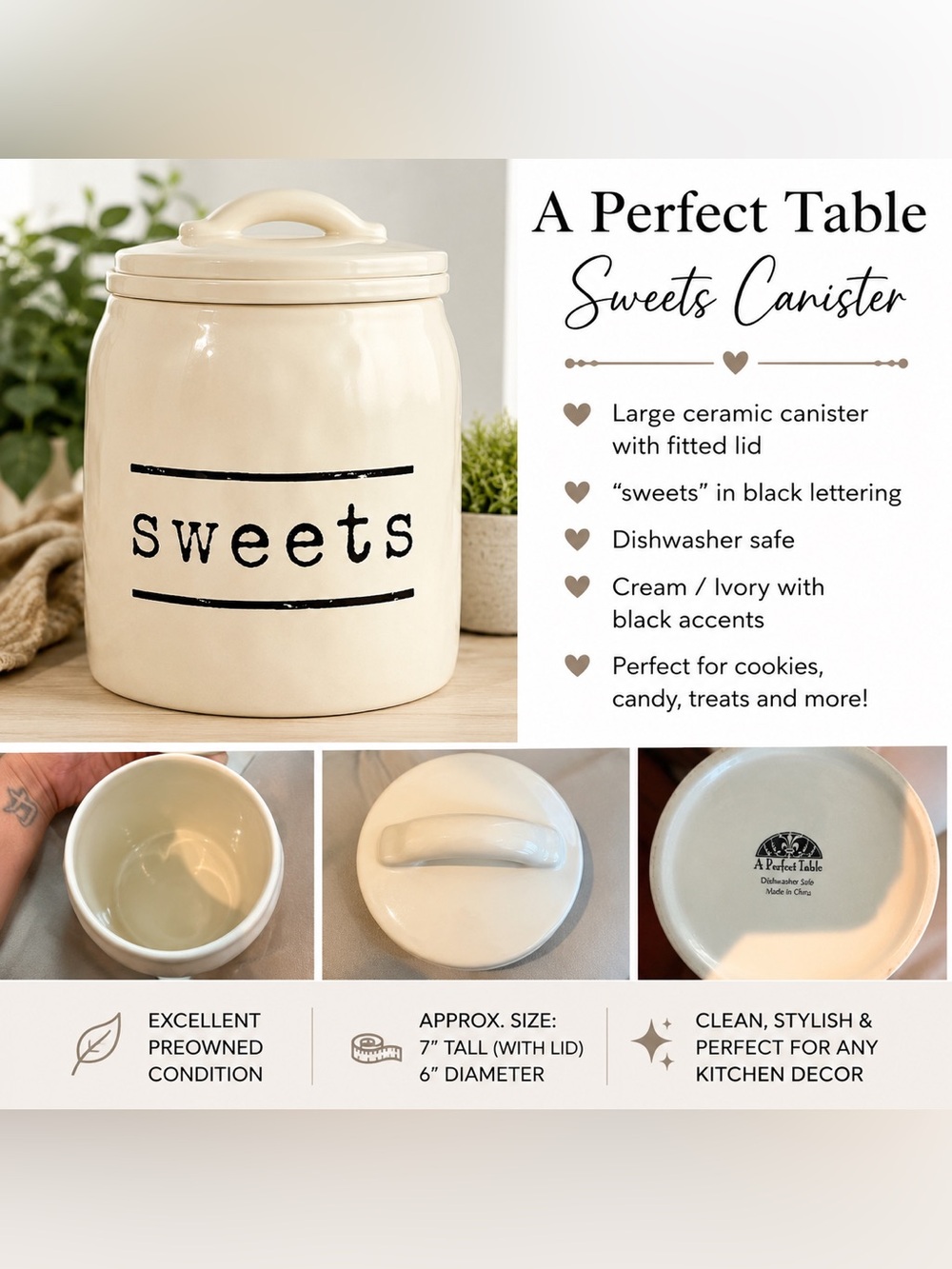 A Perfect Table “Sweets” Ceramic Canister Cookie Jar with Lid – Cream/Ivory